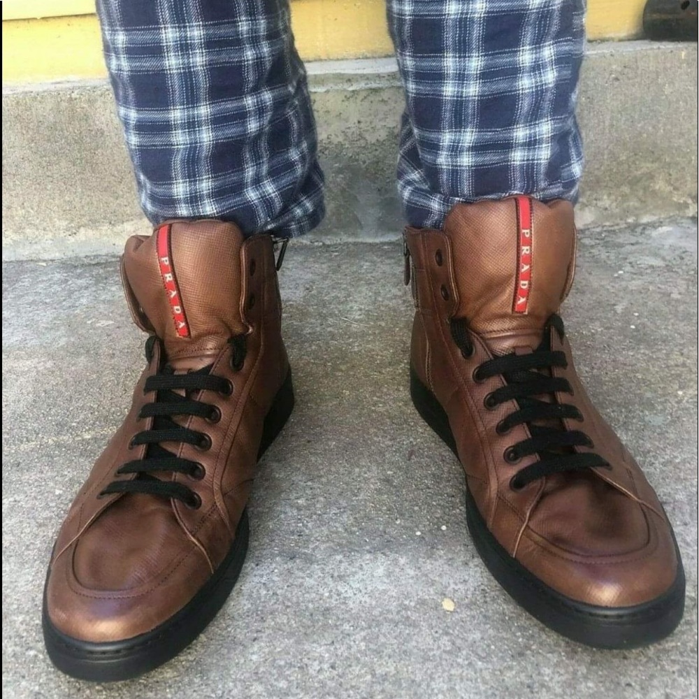 PRADA MEN LEATHER BOOTS COFFEE SHOES IN BOX BAG 11